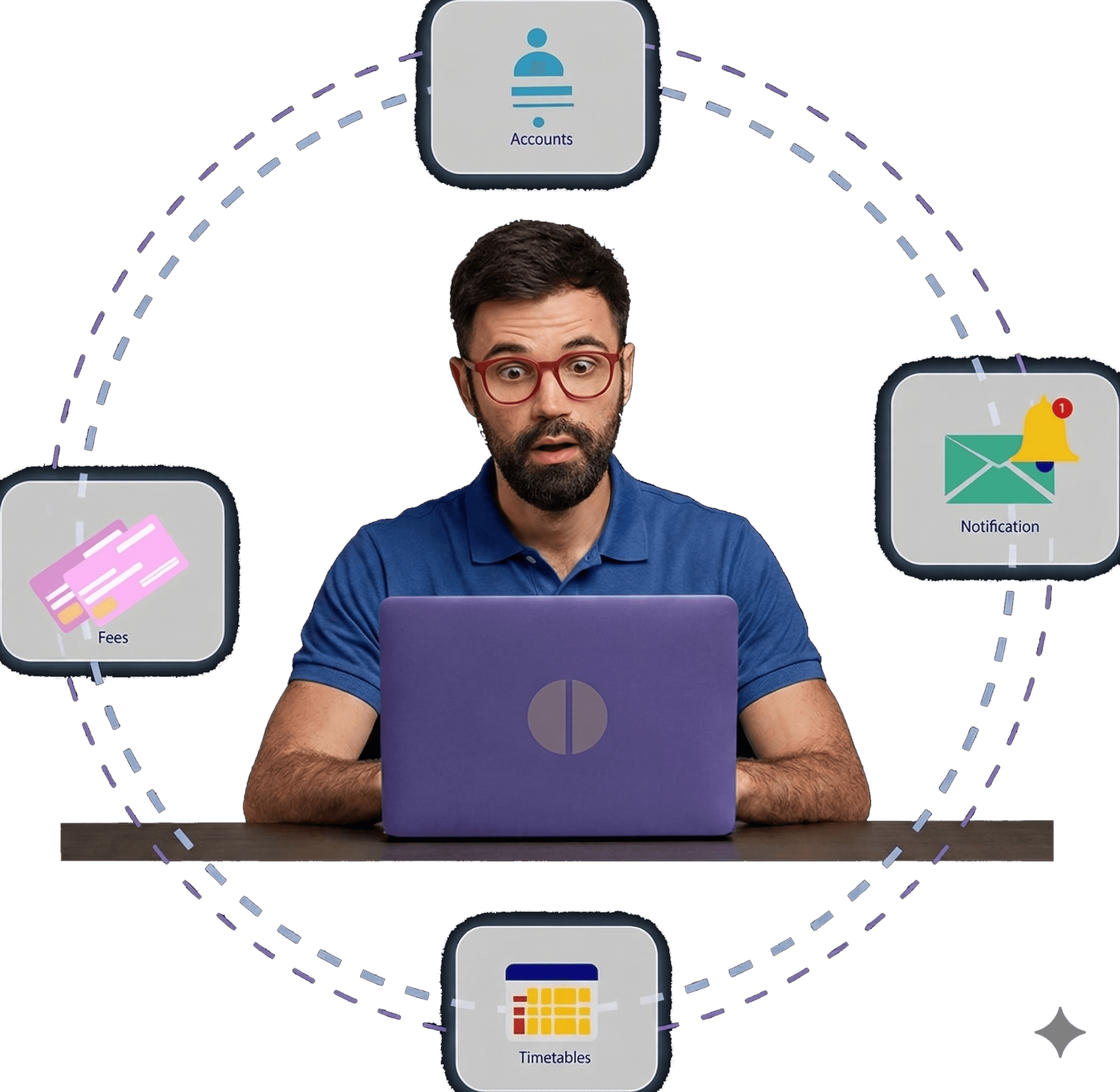 A relaxed administrator using Nexora to manage accounts, fees, notifications, and timetables from one laptop.